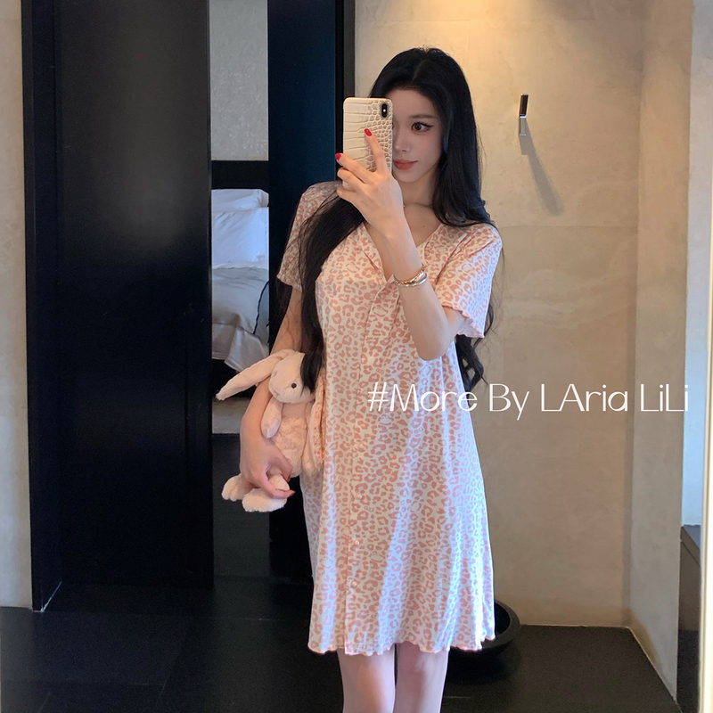 Laria Leopard Print Gummy Candy Pajamas for Women, Modal Pure Desire Style, Summer 2026 New Sexy Nightdress Loungewear Laria Leopard Print Gummy Candy Pajamas for Women, Modal Pure Desire Style, Summer 2026 New Sexy Nightdress Loungewear