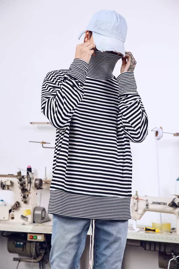 INS super fire high street hip hop street dance OVERSIZE lỏng cao cổ áo sọc khâu đáy đôi mẫu áo thun dài tay áo thun unisex