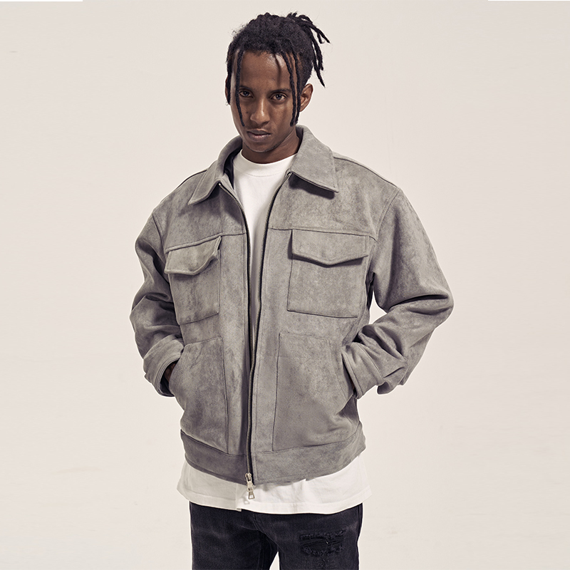 Cwhat High Street Faux Suede Double Pocket Trendy Retro Loose Zipper Casual Jacket Solid Color Coat for Men Spring and Autumn Cwhat High Street Faux Suede Double Pocket Trendy Retro Loose Zipper Casual Jacket Solid Color Coat for Men Spring and Autumn