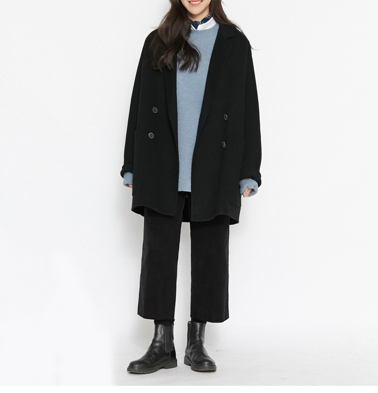 Mùa xuân 2018 mới và áo khoác cashmere hai mặt thủ công ngắn trẻ em nhỏ màu đen Áo khoác len nữ Hàn Quốc - Accentuated eo áo