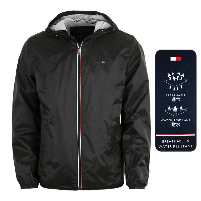 Tommy Hilfiger Men's Hooded Zipper Rain Jacket Simple and Stylish Top