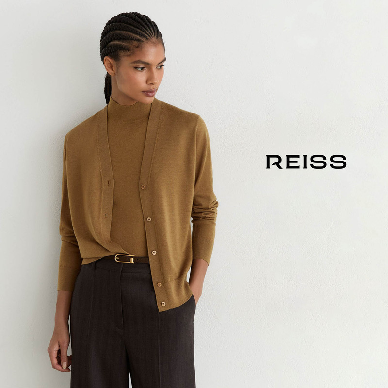 Reiss Solid Color Knitted Cardigan for Women, V-Neck, Long Sleeves, Simple Style, Versatile Single-Breasted Outerwear