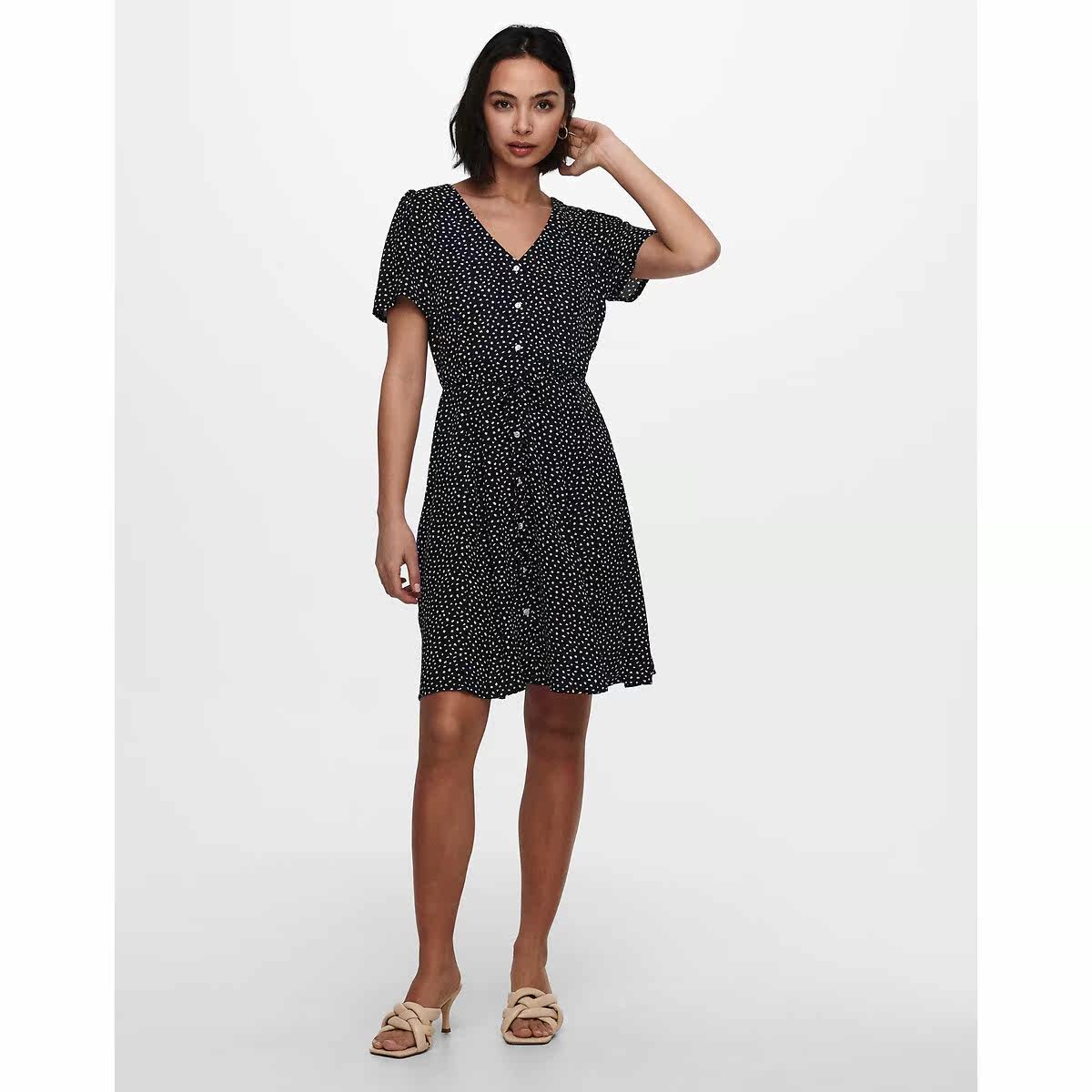 LaRedoute dress with dress waist lacing for thin and round points printed short sleeves and knee-length skirts-Taobao