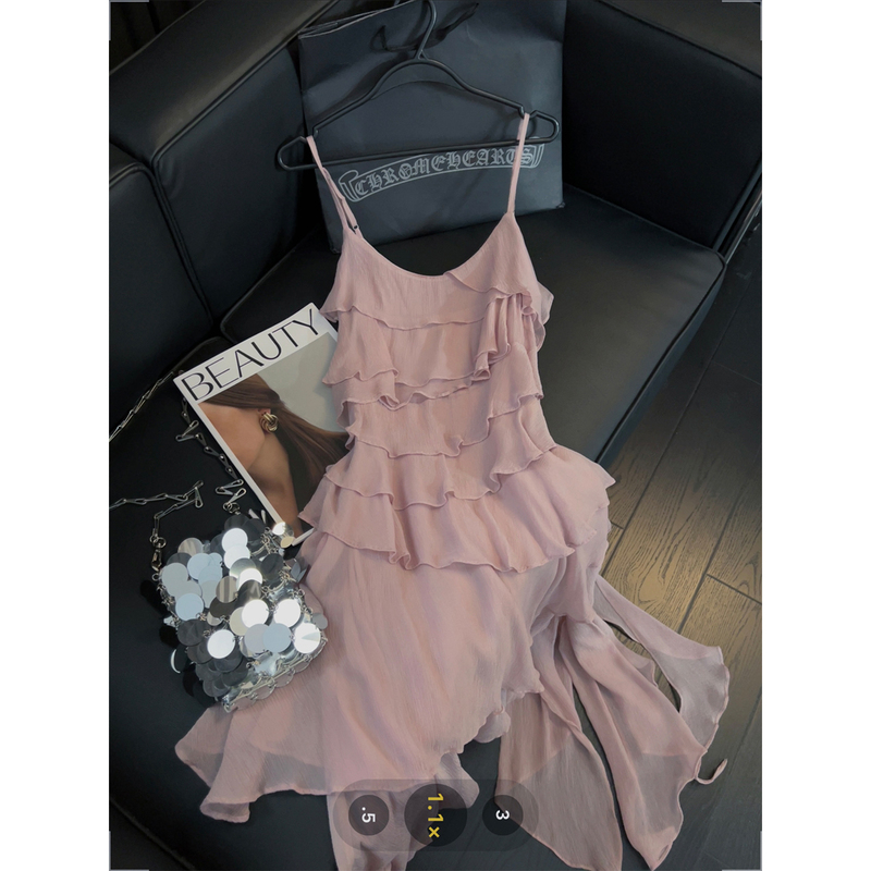 Ruffled Layered Suspender Dress for Women with Irregular Ribbon Hem Design, Elegant and Gentle Mid-Length Skirt