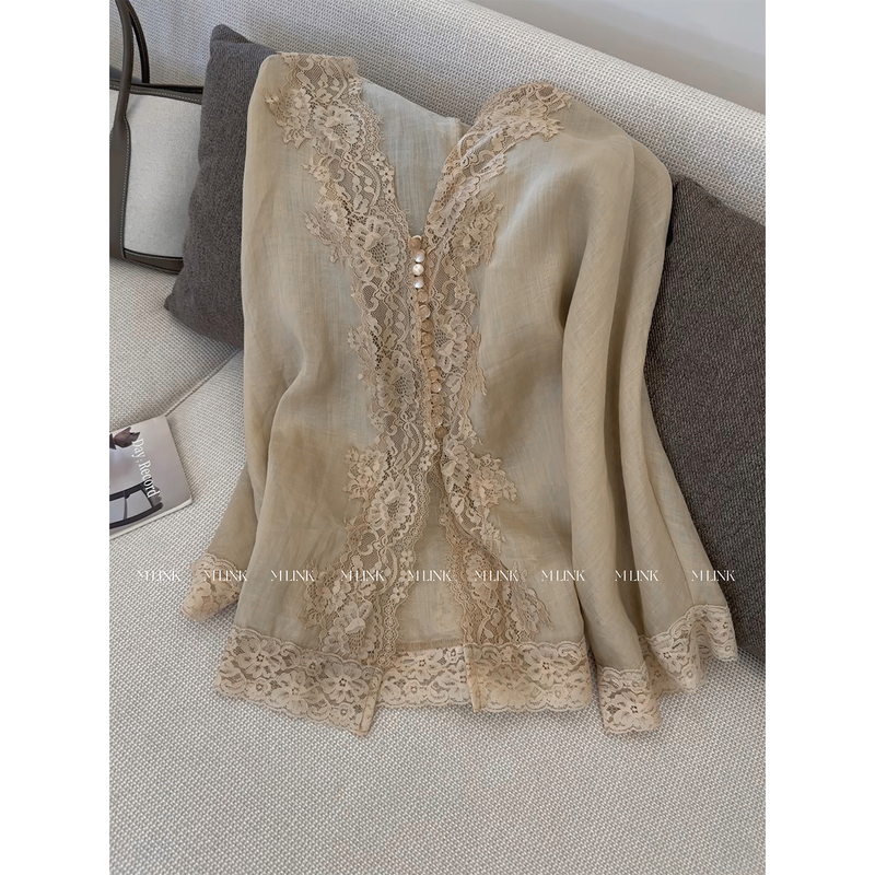 M Link Ramie New Chinese Style V-Neck Shirt for Women with Lace Embroidery, Gentle Style 2026 New Model, Elegant Long-Sleeve Top