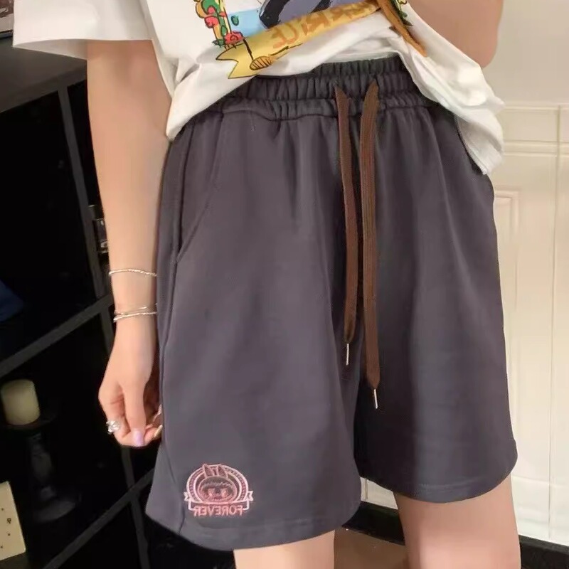 Foreverrice Paper Bag 2550 Pure Cotton Terry Cartoon Labub Embroider Breathable Straight Shorts Five-Quarter Pants Summer