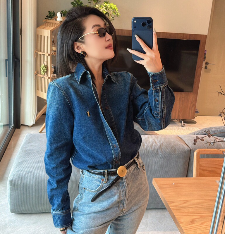 2026 Autumn New Women's Blue Denim Shirt Long Sleeve Loose Casual Versatile Top with Embroidery
