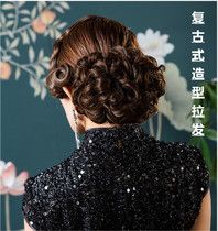 Wig Cheongsam Wig Fluffy bun Pull flower Retro pan head buckle bud head Bridal pan hair simulation curl bag