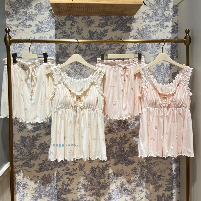 Japanese Spring and Summer New Cute Bowknot Bunny Modal Shorts and Long Pants Loose Sweet Pajama Set 7434