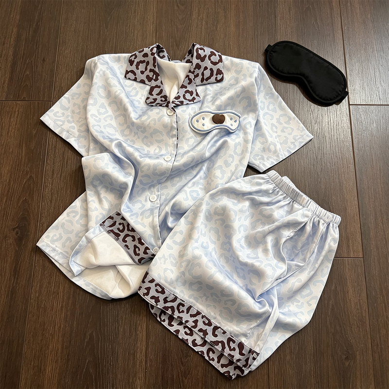Ice Silk Retro Leopard Print Short-Sleeved Pajamas for Women 2026 New Summer Sky Blue Suit Home Wear Can Be Worn Outside