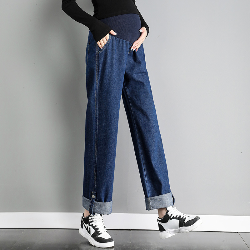 Maternity Jeans for Spring and Autumn, Thin Summer Style, Large Size, Straight Leg, Non-Constricting, Nine-Point Length, Belly-Supporting Long Pants for Pregnancy
