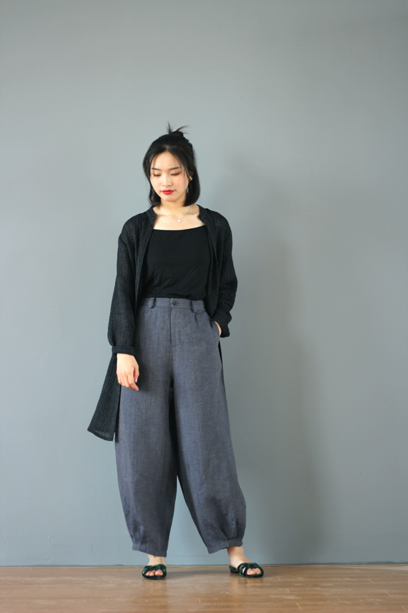 Whispering moss * blue gray woven pleated wide-leg linen trousers * original production by Ling * 201905017 - Taobao