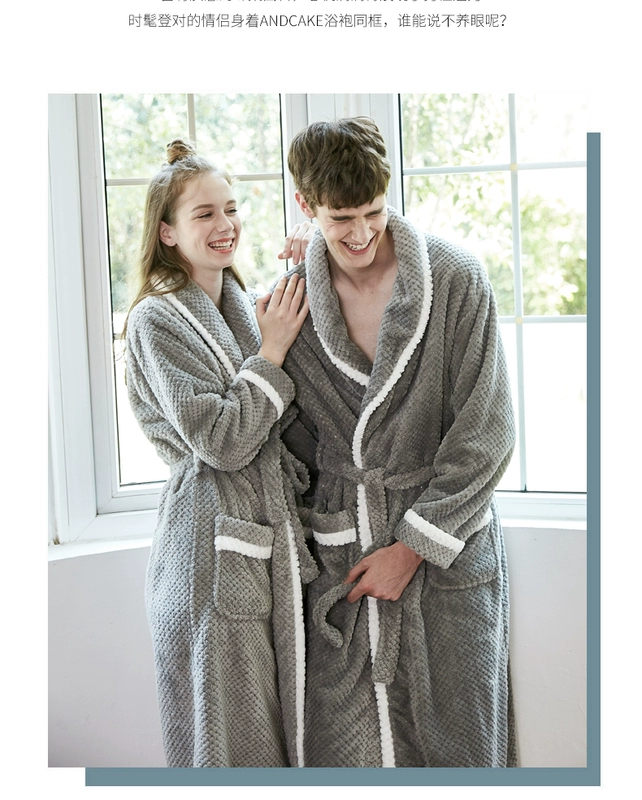 Mùa thu và mùa đông cặp đôi váy ngủ san hô lông cừu của nam giới áo choàng tắm flannel dày dặn đồ ngủ của phụ nữ phong cách mở rộng cho phụ nữ tại nhà - Night Robe