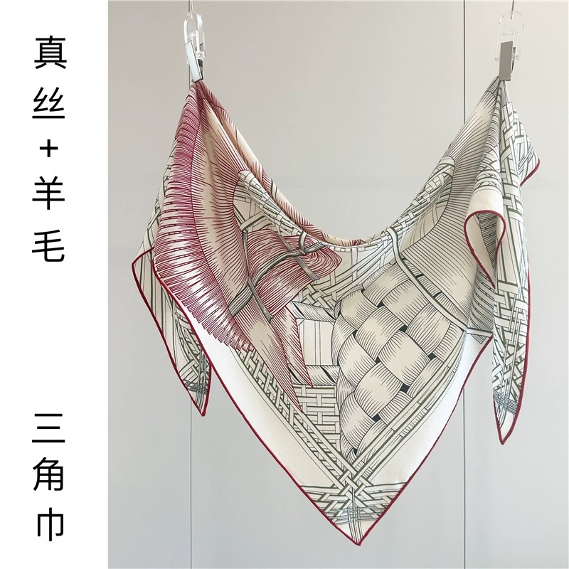 【Two Horses Weaving Love·Red Edge】Luxurious Mulberry Silk Wool Scarf Triangle Scarf Women's Shawl 120cm