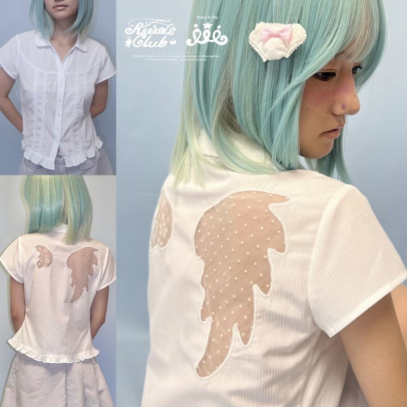 Kiiidsclub*Brokenangel Wing Shirt Asymmetrical Polka Dot Floral Mesh Short-Sleeved Shirt Kiiidsclub*Brokenangel Wing Shirt Asymmetrical Polka Dot Floral Mesh Short-Sleeved Shirt