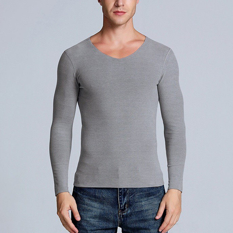 Men warm blouse long sleeve autumn and winter heat wear plush heat coat with thin T-shirt without trace V collar