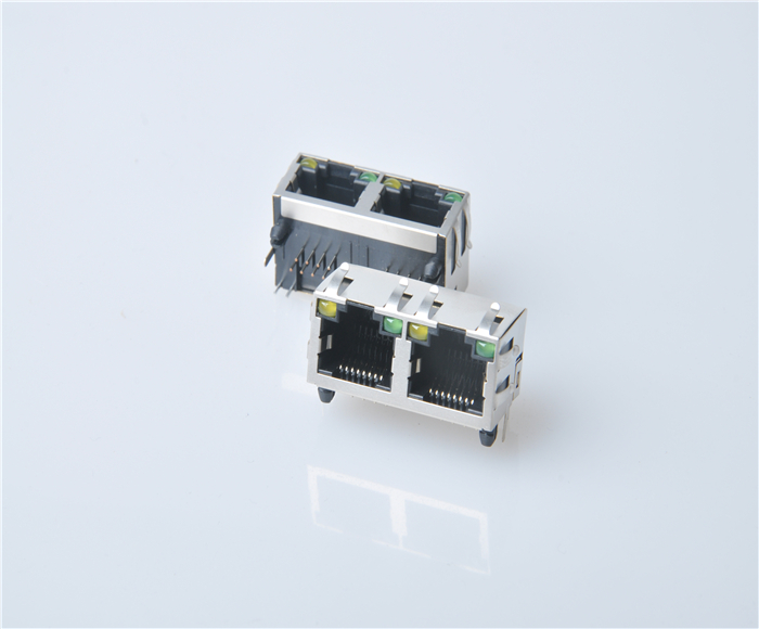 RJ45 double-port horizontal with lamp with spring socket 8P8C bayonet up 1X2 network port connector