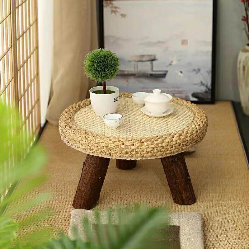 Rattan table small tea table New Chinese style minimalist Tatami Terrace Mini Round Kang Few Zen Solid Wood Flowers a few short tables