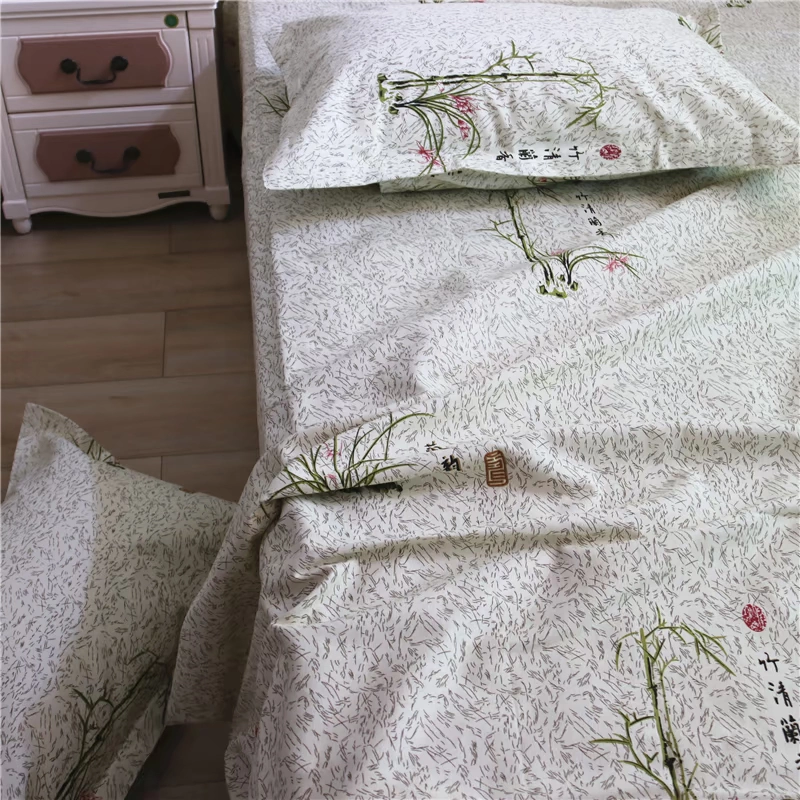 Tấm vải cotton màu xanh trong suốt bốn mùa với ba bộ chăn ga gối đệm cotton dày bốn mùa vải thô