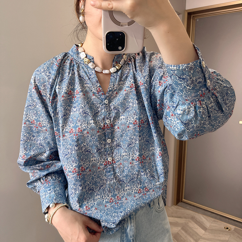 Miakoko British Liberty Strawberry Thief Blue Loose-Fit Stand-Up Collar Shirt a Midsummer Night's Dream