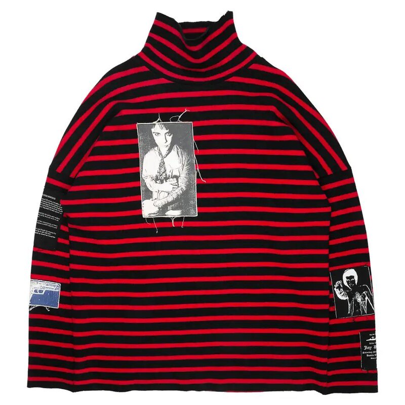 Raf Autumn and Winter Patchwork High-Neck Base Shirt, Same Style as Simon's G-Dragon, Loose Fit, Striped Long-Sleeve T-Shirt for Men