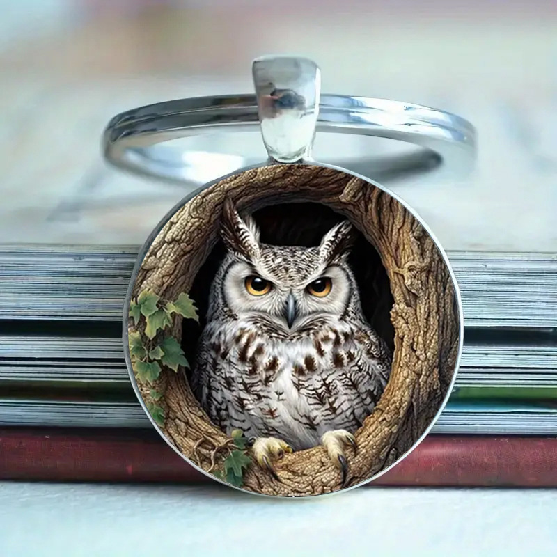Cross-Border New Product Owl Tree Hole Pattern Time Gem Pendant Keychain Ornament Exquisite Small Gift