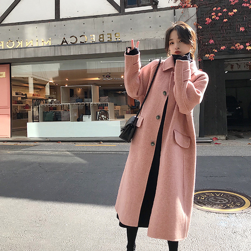 粉色毛呢大衣女中长款2019秋冬新款流行过膝长款赫本呢子外套加厚