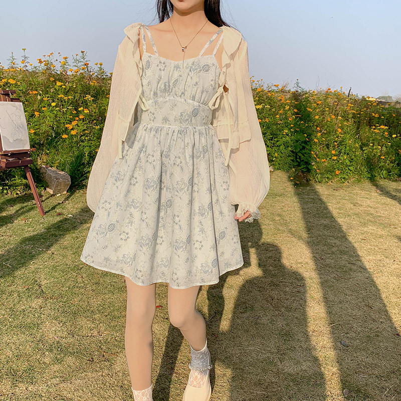 Cloth Sauce Original Summer Out of White Blue Green Lace Jacquard slim harness fluffy skirt Summer Ocean dress