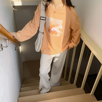 Cloth sauce original jade cat Messenger milk orange creative stamp print loose round neck sweater coat women Autumn