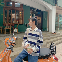 Cloth sauce Galaxy star fall retro boyish gradient stripe polo collar long sleeve T-shirt female dress Autumn New