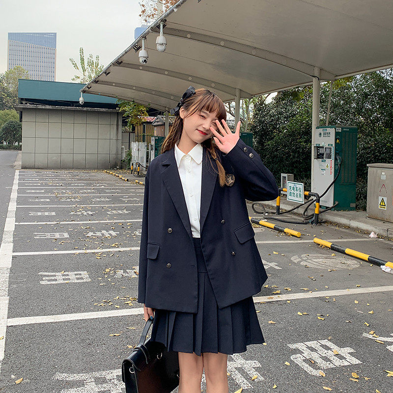 Cloth sauce original puppet bear academy style cyan color loose jk suit jacket women spring new send badge