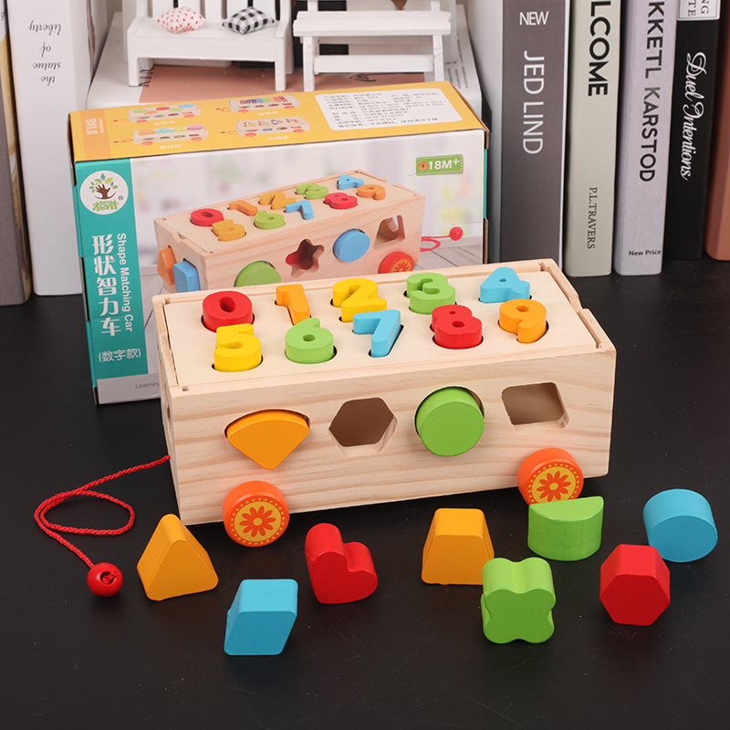 Infant child gift Early learning Wisdom Toy Wooden Trailer Digital Shape Building Blocks Pairing Intelligence Box 1-3-Taobao