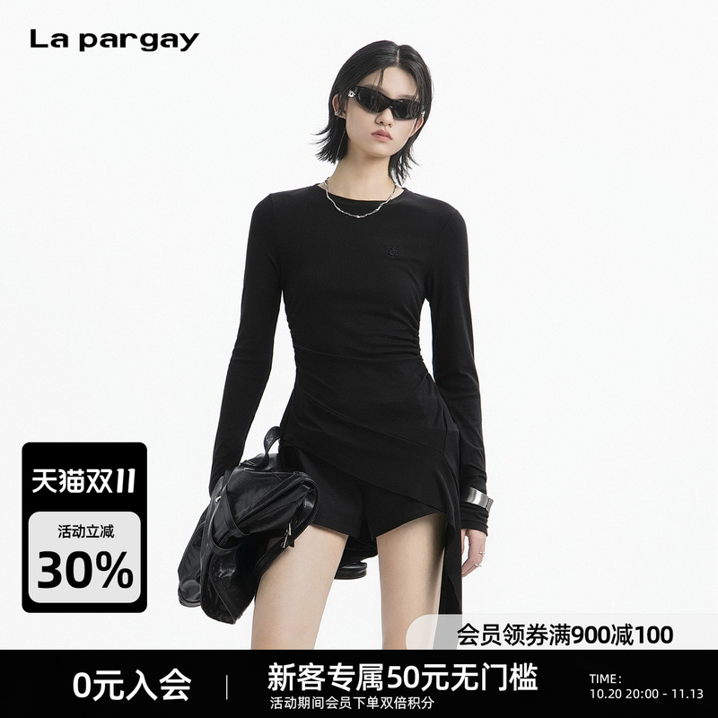 Lapargay Atmospheric Ribbon Long-Sleeved T-Shirt with Pleated Waist, Slim Fit and Slimming Effect L78300304V