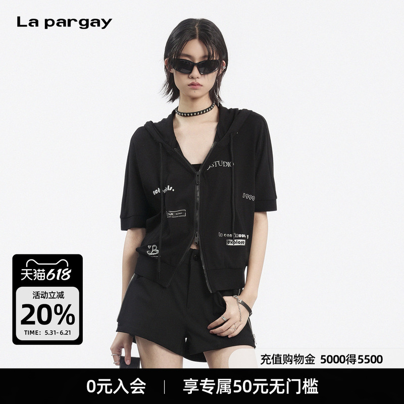Lapargay Graffiti Print Hooded Short Jacket with Ribbed Hem, Neat and Not Bulky L78201209S