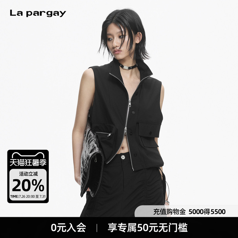 Lapargay Cool Stand-Up Collar Vest with Double Zipper Design, Multi-Pocket Sleeveless Short Jacket L78201407V