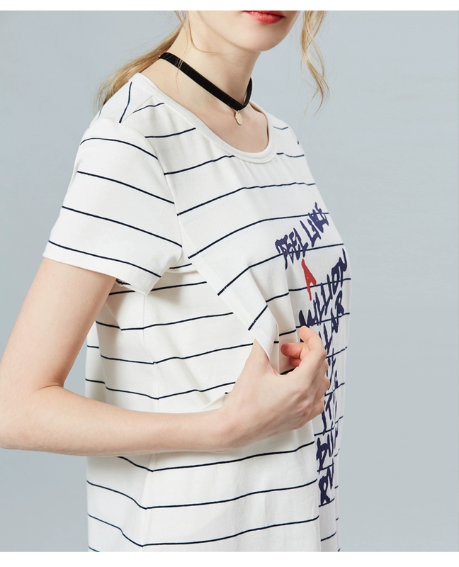 Tháng mười Mommy phụ nữ mang thai mùa hè đan sọc in váy đơn giản vòng cổ loose thai sản dress dress mùa hè váy áo bà bầu mùa đông