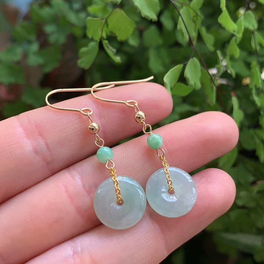 Yang Yujia Burmese Natural A Goods Jadeite 14K Gold Inlaid Ice Kind Ping An Ear Pendant Certificate New