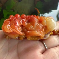 Yang Yujia Yunnan Natural Yellow Dragon Jade Chicken Blood Red and Yellow Double Color Carved Overlord Pixiu Hand Play Pendant Certificate