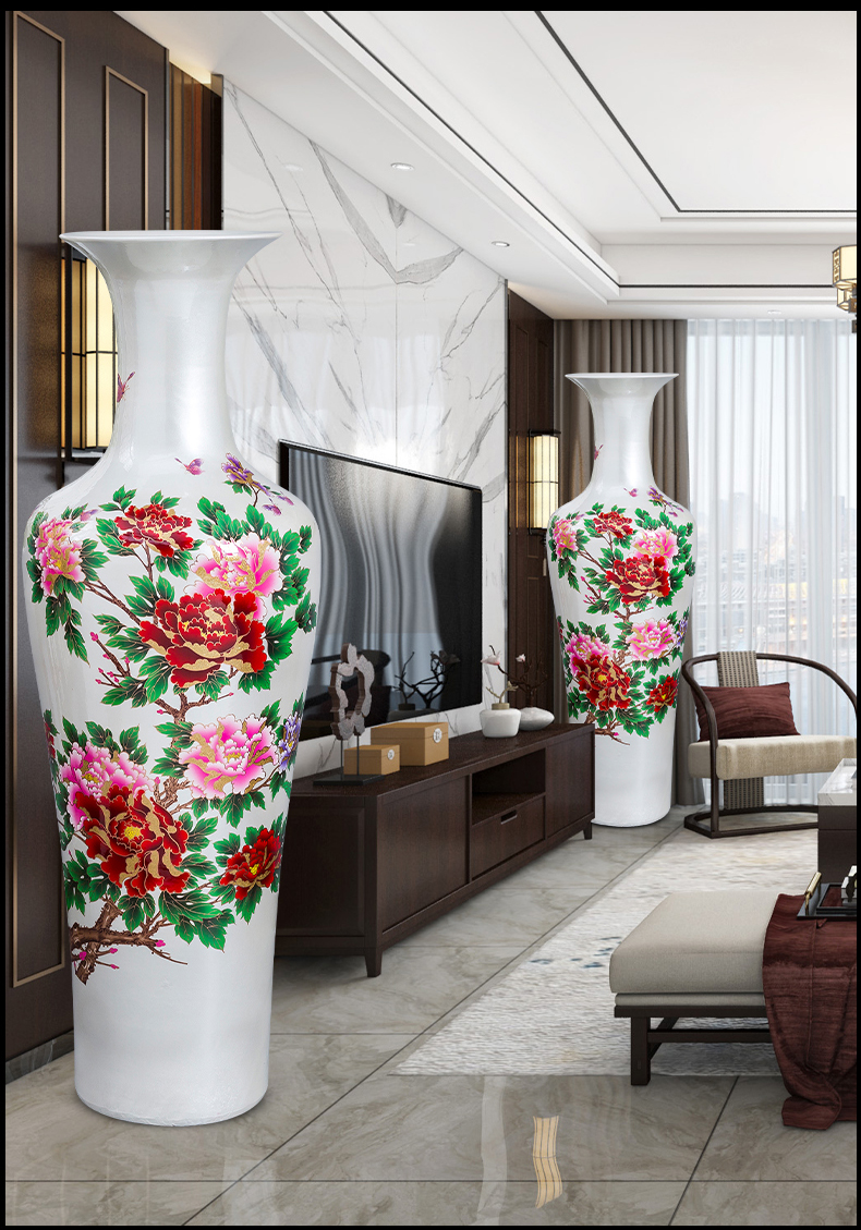 Jingdezhen porcelain ceramic red peony oversized ground vase hotel opening home sitting room adornment is placed