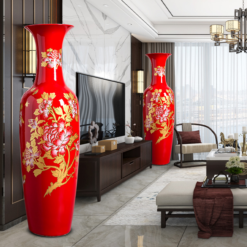 Jingdezhen ceramics China red extra large size vase of new Chinese style household living room hotel ground adornment furnishing articles