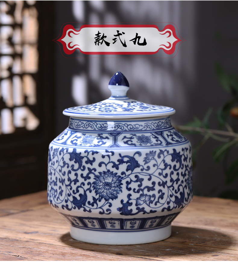 Son of jingdezhen ceramics POTS sealed storage tank with cover of blue and white porcelain tea pot of Chinese traditional medicine can household decorations