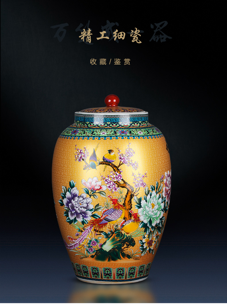 Jingdezhen ceramics big barrel with cover 50 kg gold storage tank is moistureproof insect - resistant home furnishing articles in living in adornment