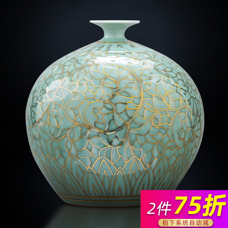 Jingdezhen ceramics green light glaze vase hand - made paint pomegranate bottles of Chinese key-2 luxury home sitting room adornment is placed
