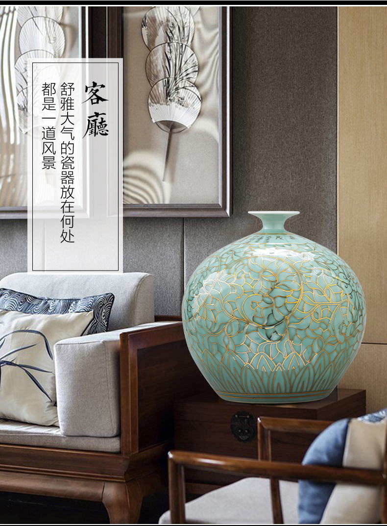 Jingdezhen ceramics green light glaze vase hand - made paint pomegranate bottles of Chinese key-2 luxury home sitting room adornment is placed