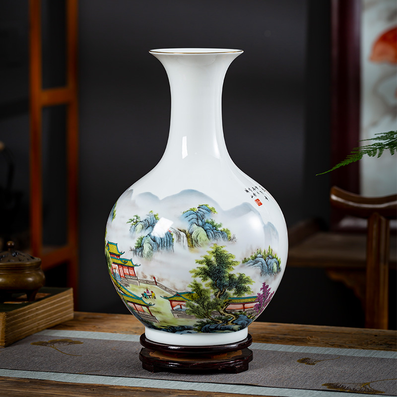 Jingdezhen porcelain ceramic powder enamel thin foetus landscape vases, flower arrangement sitting room adornment handicraft furnishing articles of Chinese style household