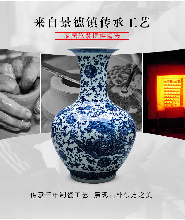 Jingdezhen ceramics hand - made ground vase of blue and white porcelain glaze color is placed under the new Chinese style household living room decoration