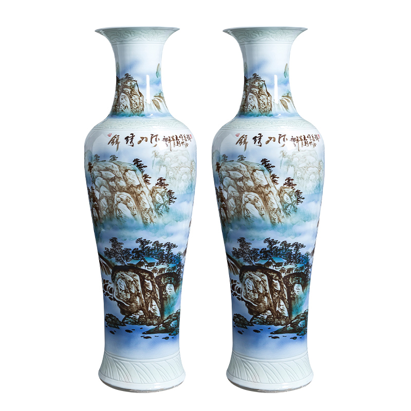 Hand - made ground landscape big vase of blue and white porcelain of jingdezhen ceramics home sitting room decoration to the hotel opening furnishing articles