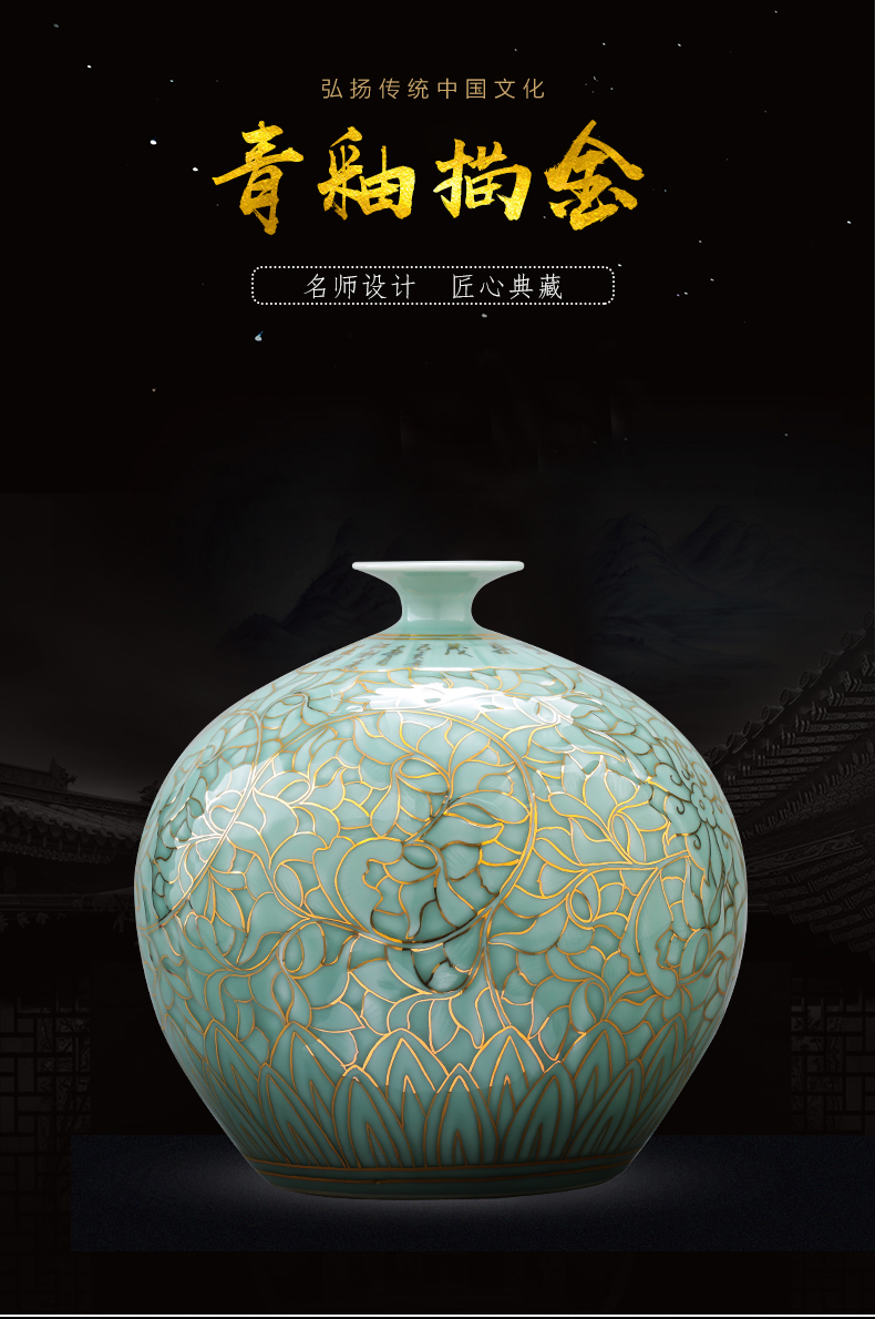 Jingdezhen ceramics green light glaze vase hand - made paint pomegranate bottles of Chinese key-2 luxury home sitting room adornment is placed