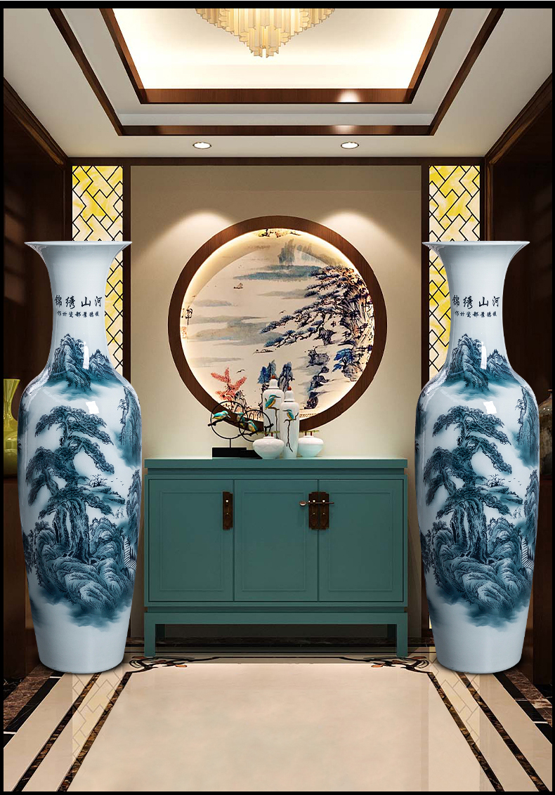 Blue and white porcelain of jingdezhen ceramics color ink large ground vase sitting room home furnishing articles furnishing articles hotel