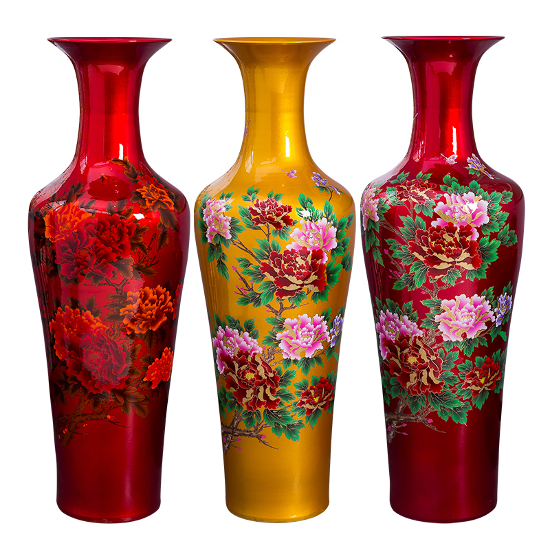 Jingdezhen porcelain ceramic red peony oversized ground vase hotel opening home sitting room adornment is placed